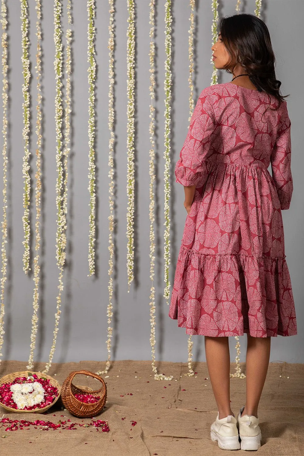 V neck Pink ajrak Print Graduated Dress