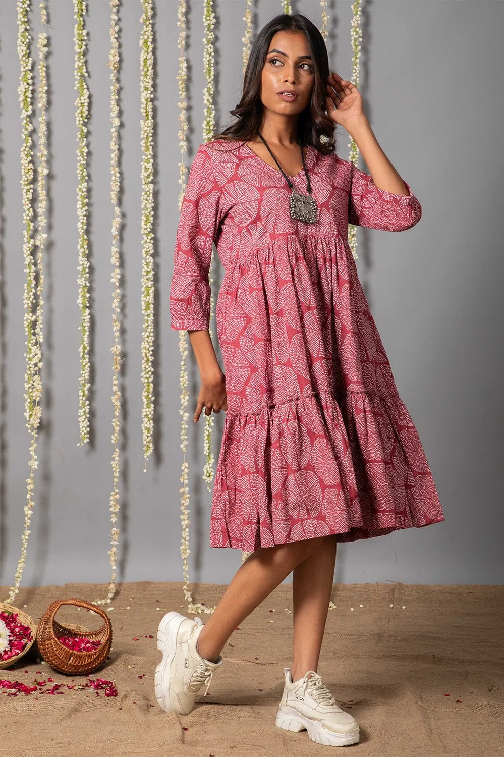 V neck Pink ajrak Print Graduated Dress