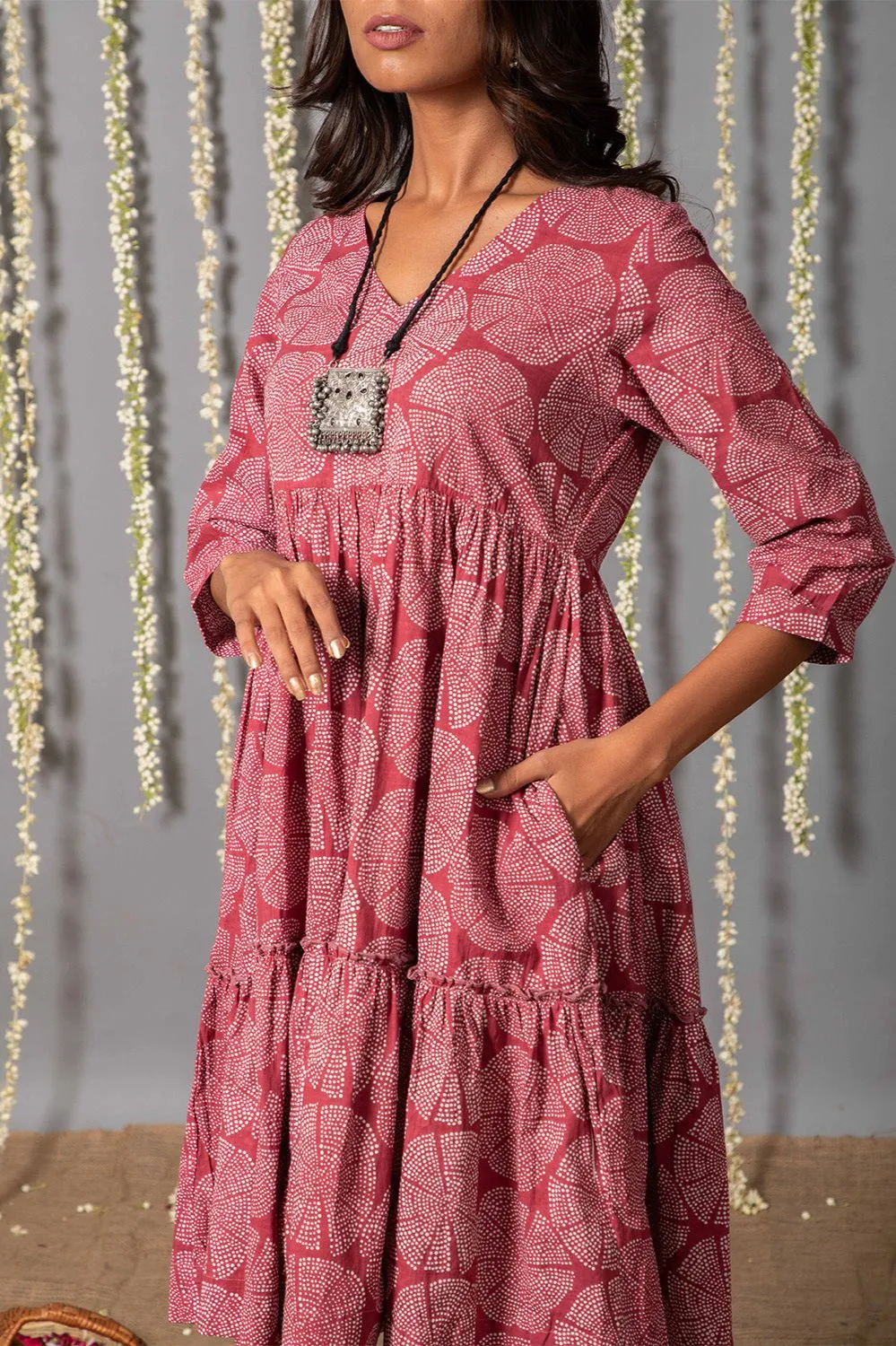 V neck Pink ajrak Print Graduated Dress